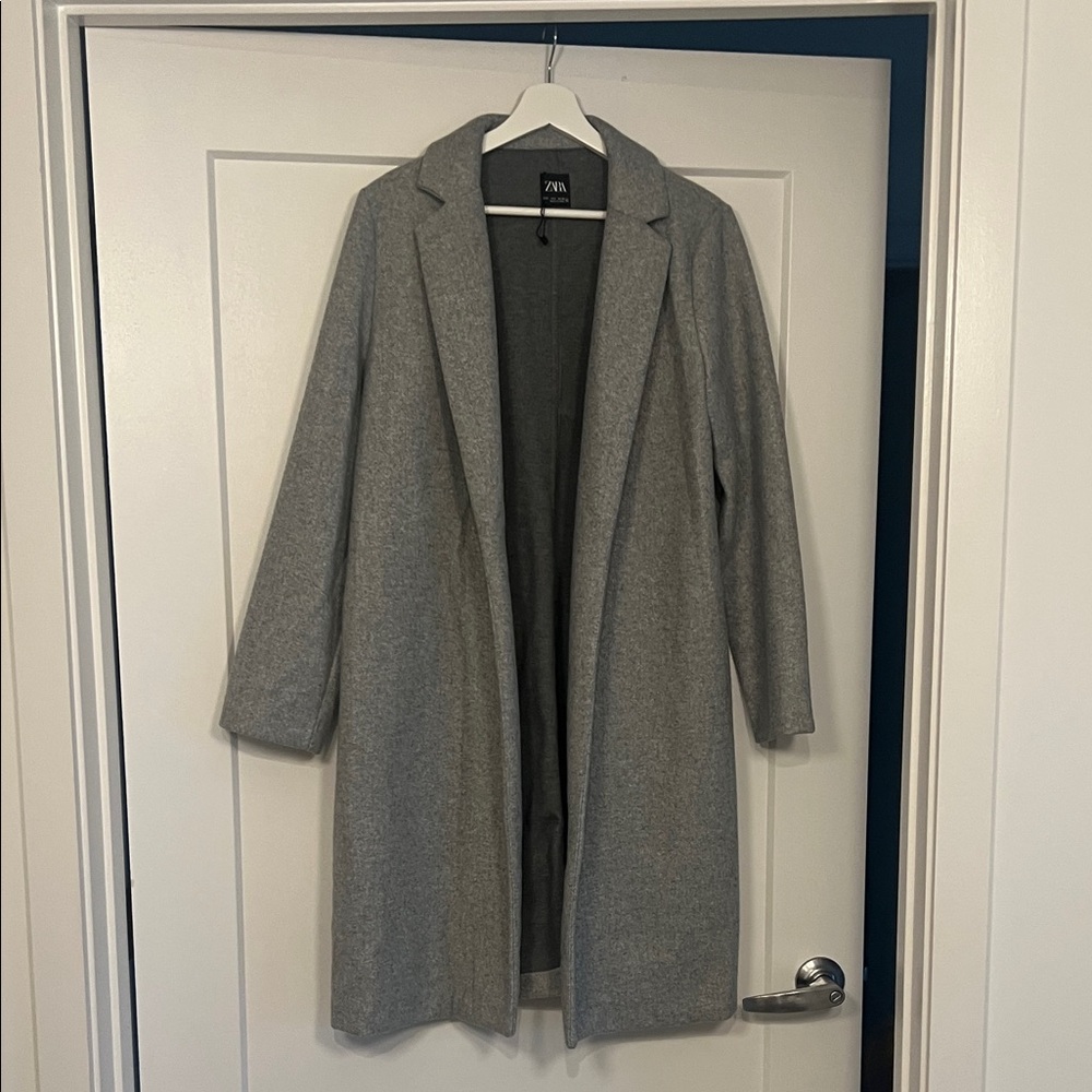 Zara Grey Open-Front Long Coat